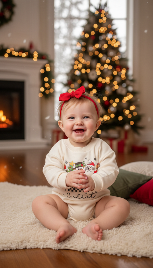 Personalized Juliet Christmas Tree Snowman Santa Romper Cute Holiday Baby Outfit, Xmas Boy Clothes Newborn Gift