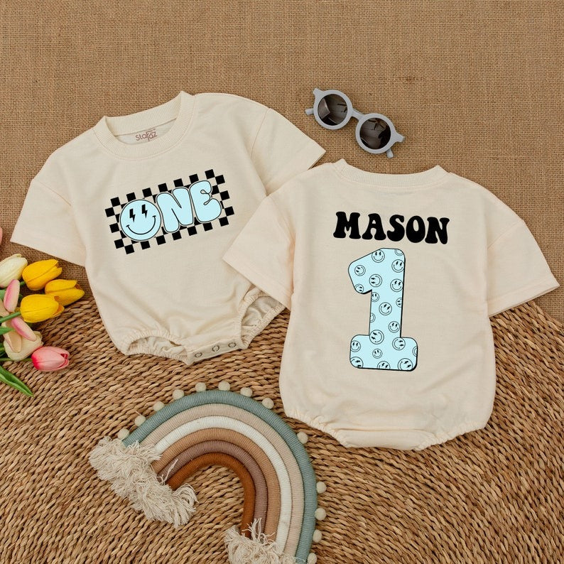 One Cool Dude Blue Romper: Customized Baby Birthday Outfit With Smile