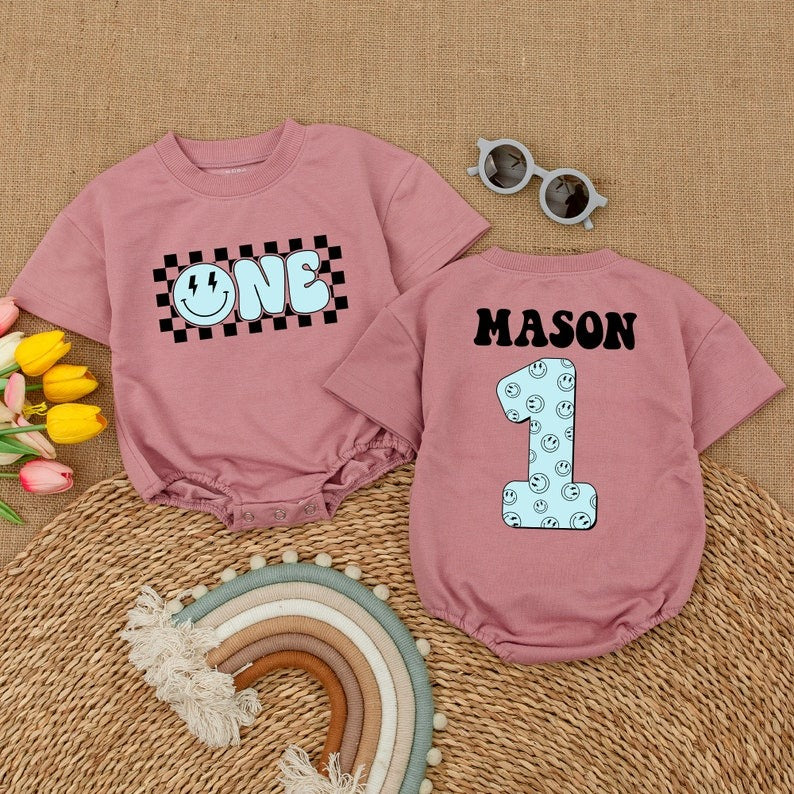 One Cool Dude Blue Romper: Customized Baby Birthday Outfit With Smile