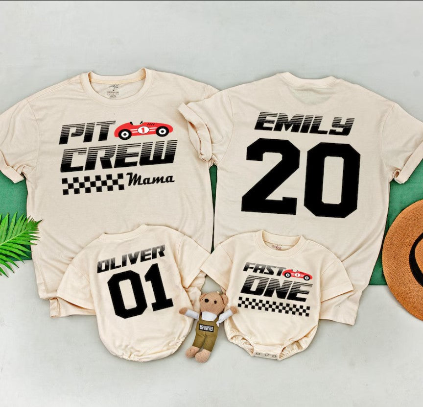 Pit Crew Family Match, Fast One Race Car Themed Birthday T-Shirts