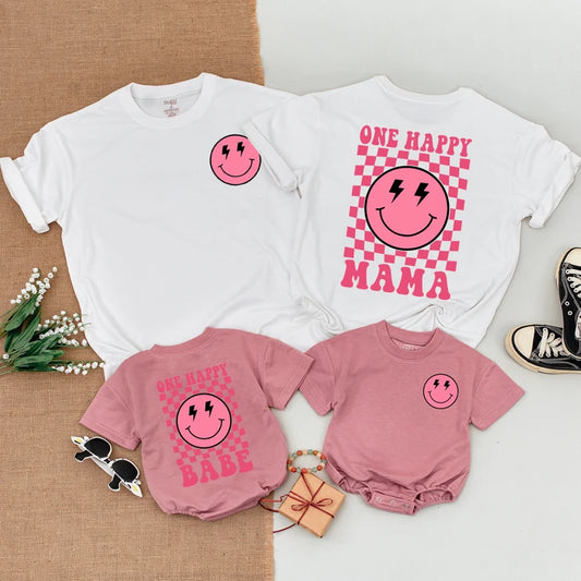 Happy 1st Birthday Set: Matching Smiley Family Shirts & Baby Bodysuit