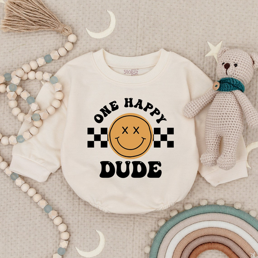 First Birthday Smiley Face Romper: Baby Sweatshirt Romper for Happy Dude