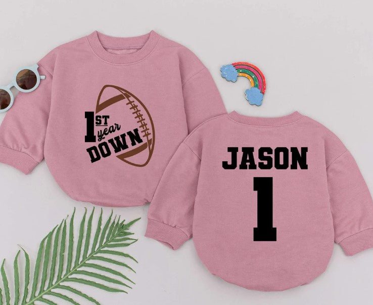 Personalized Football 1st Birthday Romper, 1st Year Down Bodysuit for Boys