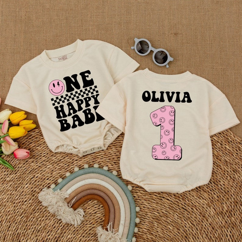 Smiley Face Baby Bodysuit: Personalized Birthday Cake Smash Outfit
