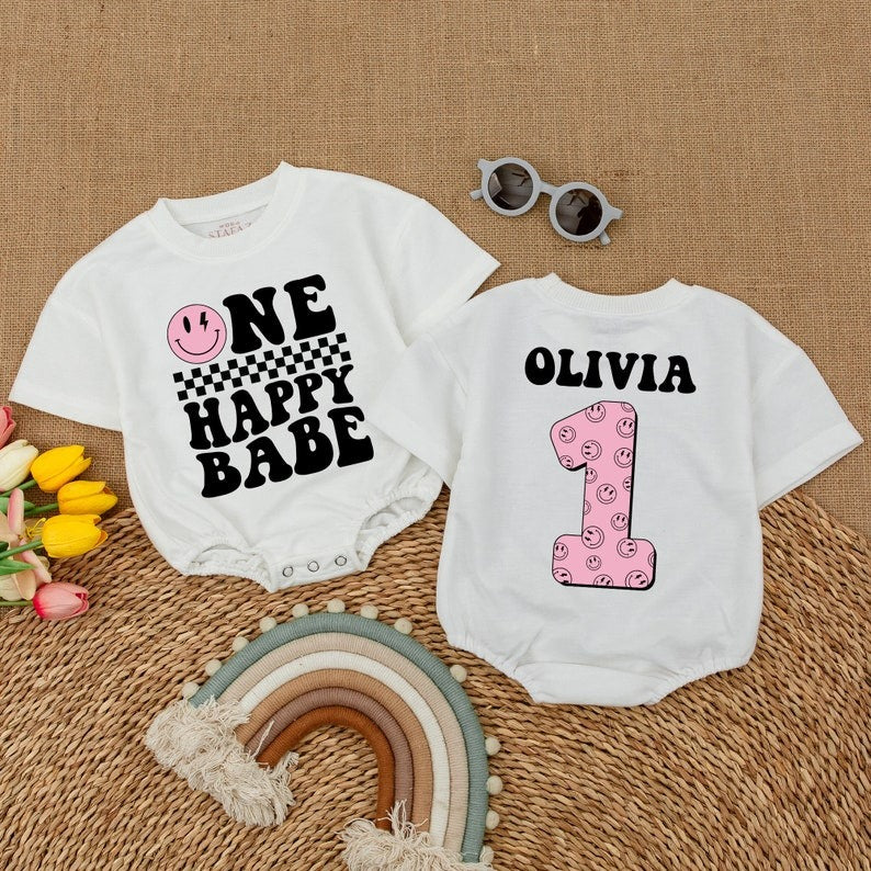 Smiley Face Baby Bodysuit: Personalized Birthday Cake Smash Outfit