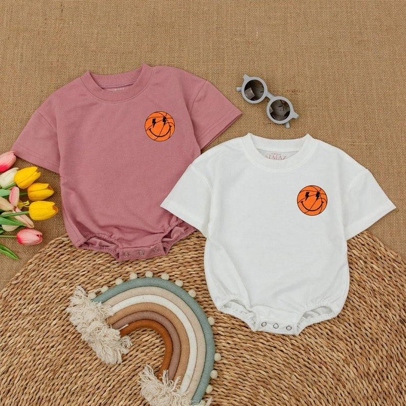 Retro Smiley Face Basketball Romper: Adorable Game Day Attire for Babies