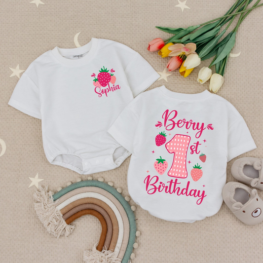 1st Birthday Girl's Strawberry Romper: Custom Bodysuit, Bubble Style