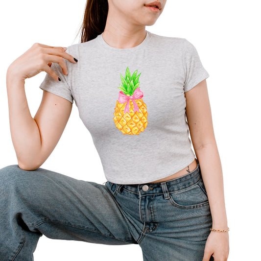 Chic Vintage Pineapple Crop Tee for Teens - Short Sleeves & Aesthetic Prints