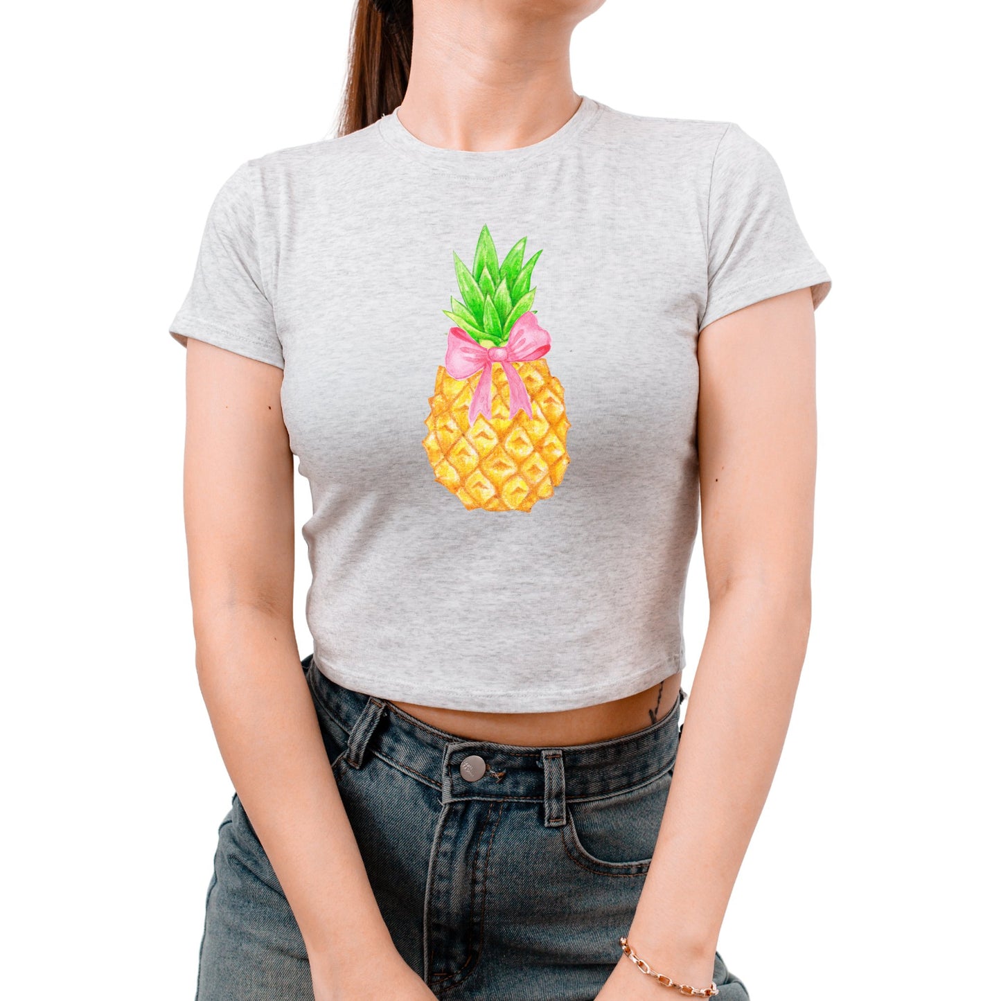 Chic Vintage Pineapple Crop Tee for Teens - Short Sleeves & Aesthetic Prints