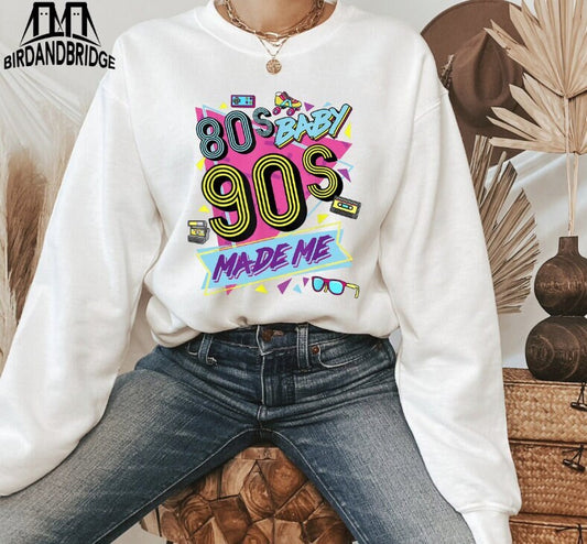 80s Baby 90s Made Me Shirt Retro Vintage Graphics Old School Style Tee Turquoise Pink Yellow Black Nostalgia Fan Gift
