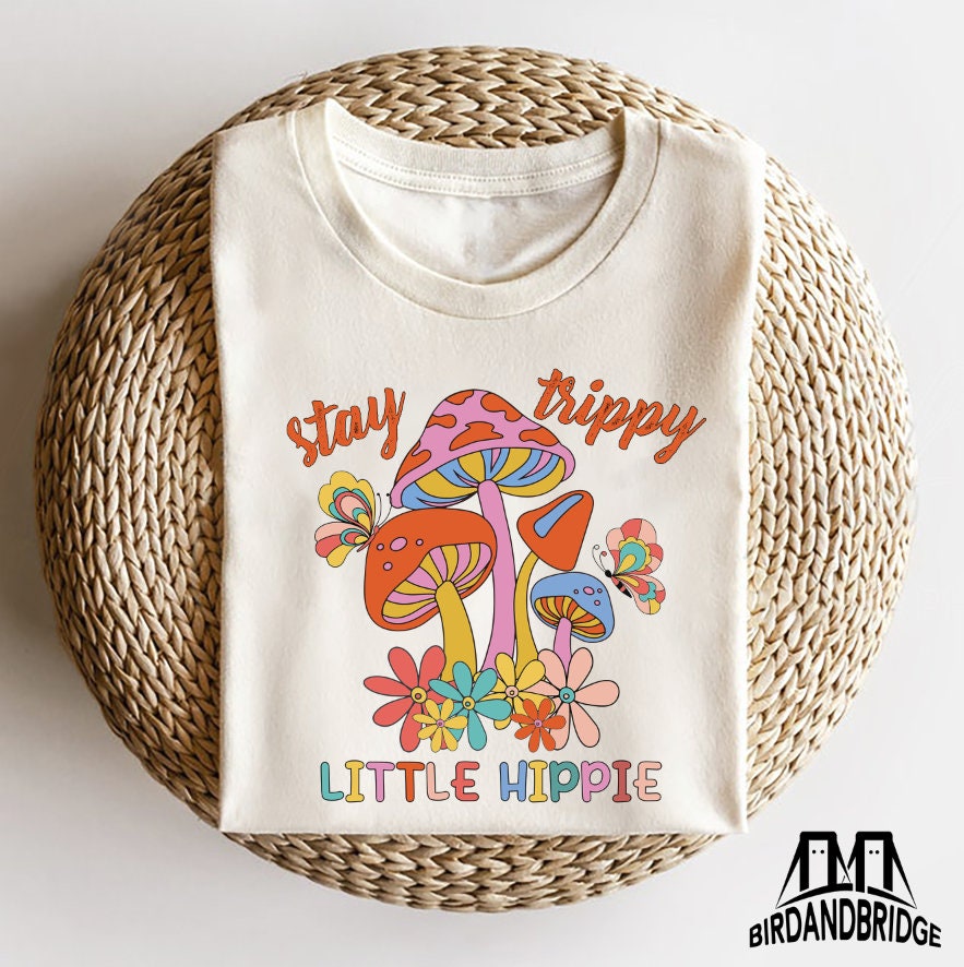 Stay Trippy Little Hippie Mushroom Shirt Retro Vintage Groovy Flower Butterfly Design Vibrant Boho Nature Lover Kids Youth Summer Apparel Soft Comfortable Cotton Tee
