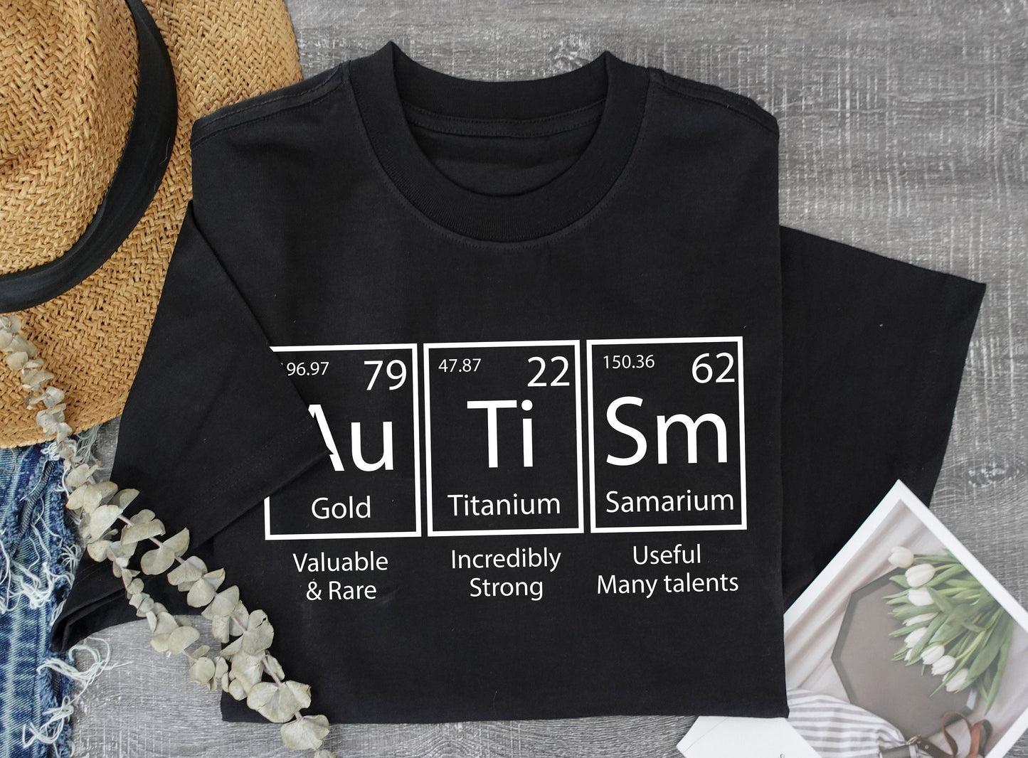 Autism Acceptance & Awareness Advocate Unisex T-shirt Periodic Table Design, a comfortable cotton tee for teachers, moms, and neurodiversity supporters.