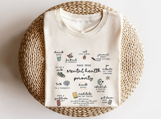 Mental Health Matters Shirt with Hand-Drawn Graphics & Positive Affirmations, Inspirational Anxiety Support Tee, Counselor Therapist Gift, BB1279