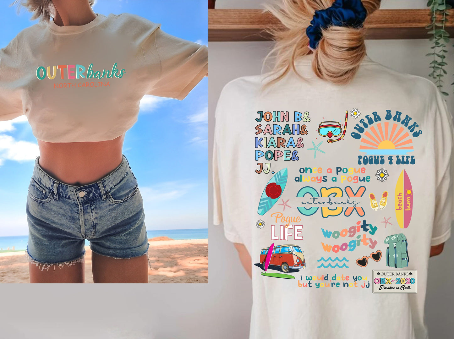 Outer Banks Pogue Life Shirt Unisex OBX North Carolina Summer Tee featuring John B, Sarah, Kiara, Pope, JJ & Surfboard, Comfortable Cotton