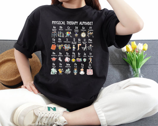 Physical Therapy Alphabet T-Shirt Fun Learn to Move Design for PTs and PTAs Great Gift for Pediatric Therapists