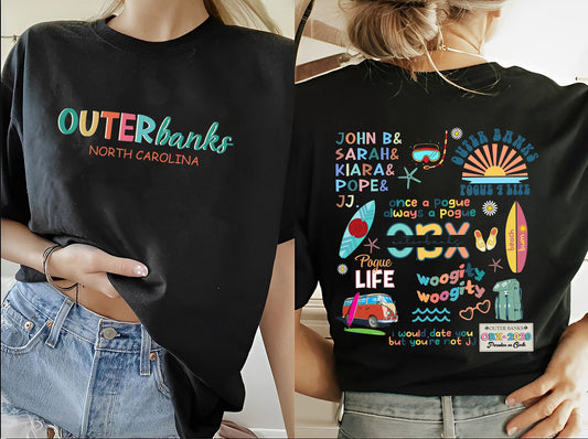 Outer Banks Pogue Life Shirt Unisex OBX North Carolina Summer Tee featuring John B, Sarah, Kiara, Pope, JJ & Surfboard, Comfortable Cotton