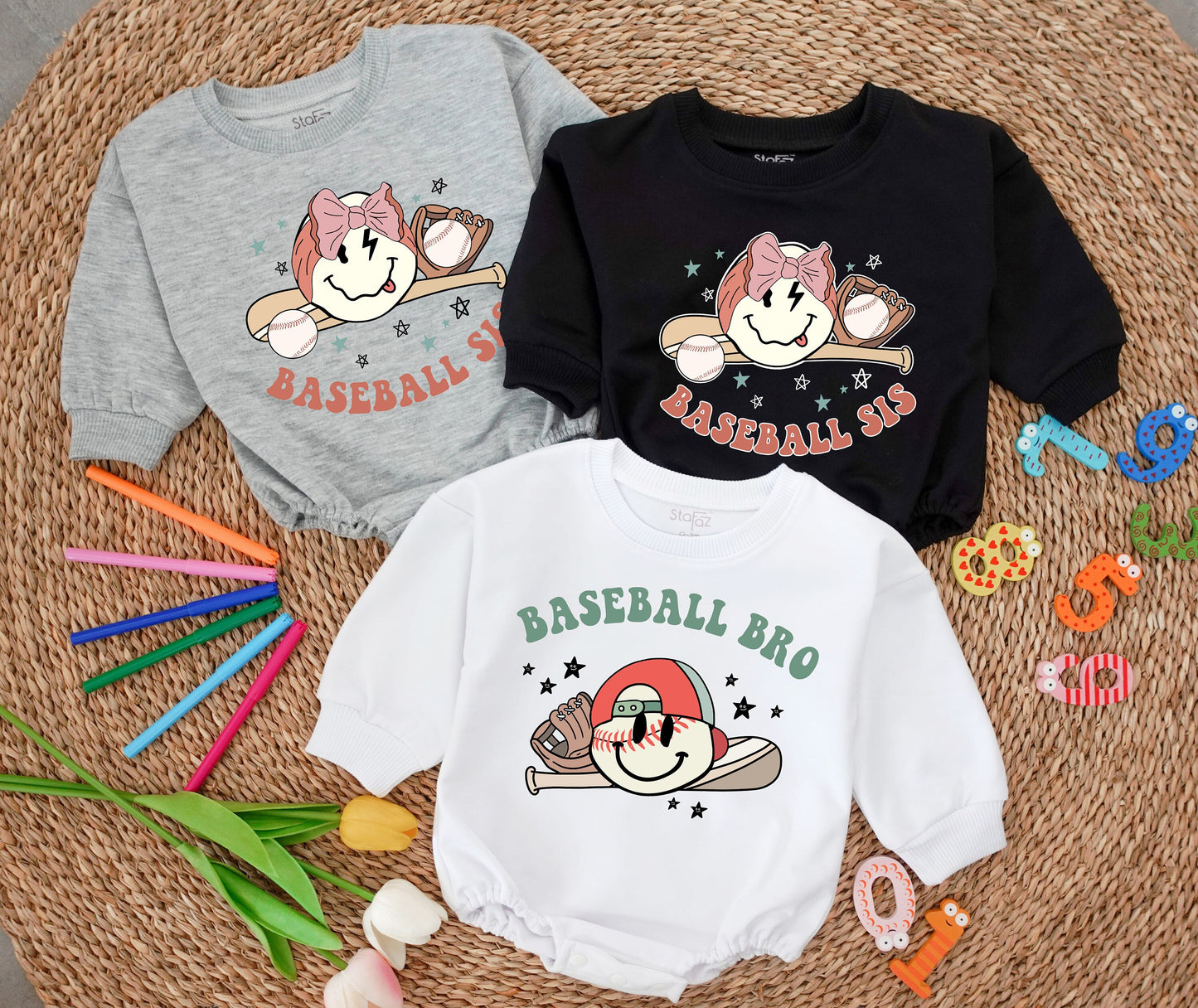 Baseball Sis Baseball Bro Retro Cartoon Toddler Romper Sweatshirt Baseball Vibes Graphic Outfit Girl Boy Comfort
