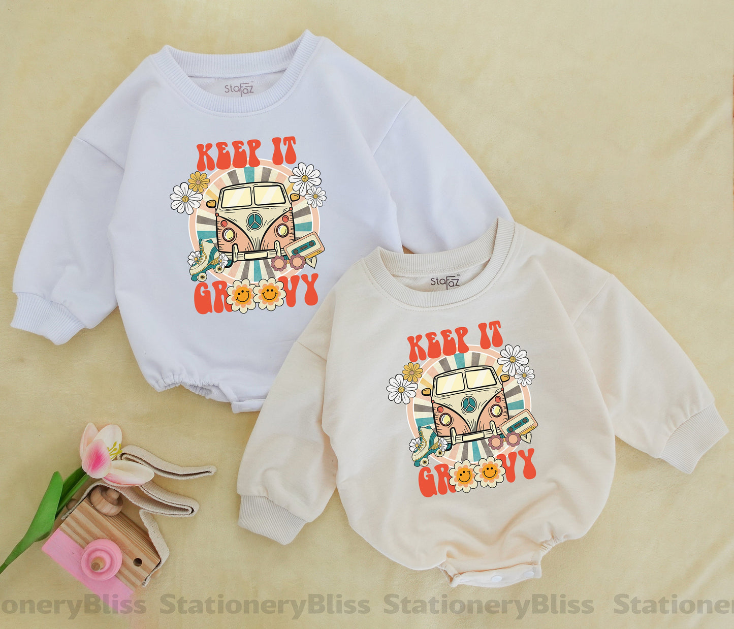 STAFAZ Keep It Groovy Romper Retro Sweatshirt Hippie Floral Baby Girl 1st Birthday Gift