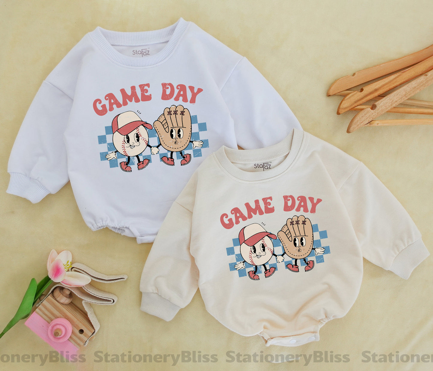 STAFAZ Retro Baseball Romper Baby One Piece Game Day Outfit Cute Vintage Baseball Jumpsuit for Little Sluggers