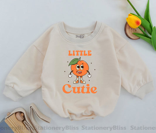 Little Cutie Romper Retro Orange Fruit Baby Bodysuit, Groovy Newborn Outfit with Cheerful Character, Vintage Starburst Baby Girl Clothes First Birthday 138