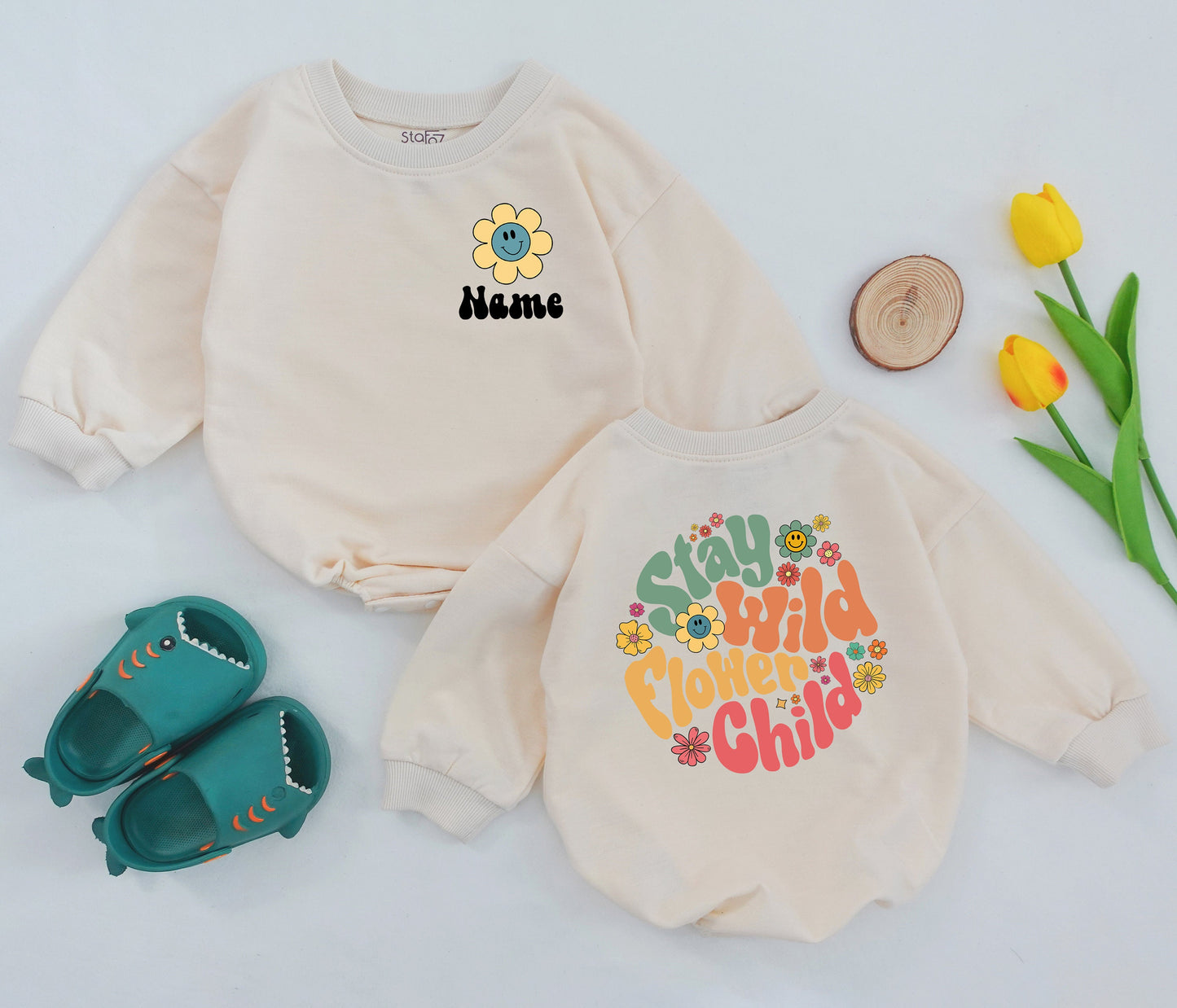 STAFAZ Stay Wild Flower Child Romper Baby Girl Retro Boho Hippie Bodysuit First Birthday Groovy Outfit Custom Name Gift