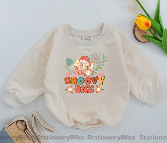 Groovy Mushroom Baby Jumpsuit – Boho 1st Birthday Romper Outfit