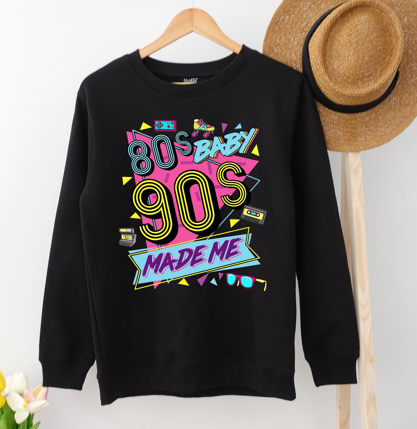 80s Baby 90s Made Me Shirt Retro Vintage Graphics Old School Style Tee Turquoise Pink Yellow Black Nostalgia Fan Gift