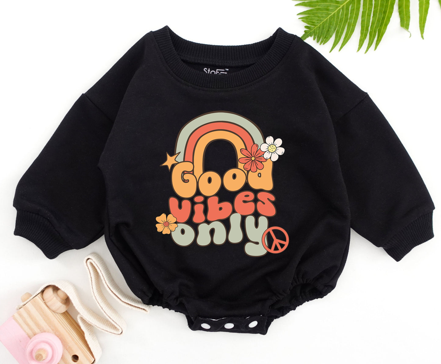 Good Vibes Only Groovy Romper Baby Bubble Romper Retro Hippie Trippie Style Birthday Outfit Girl Clothes Newborn Comfortable Organic Cotton Gift
