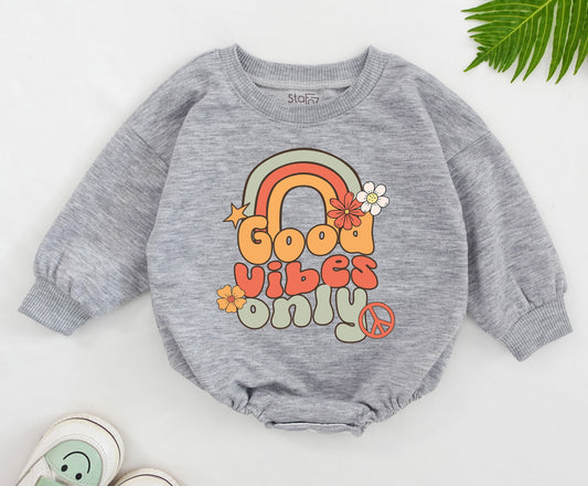 Good Vibes Only Groovy Romper Baby Bubble Romper Retro Hippie Trippie Style Birthday Outfit Girl Clothes Newborn Comfortable Organic Cotton Gift
