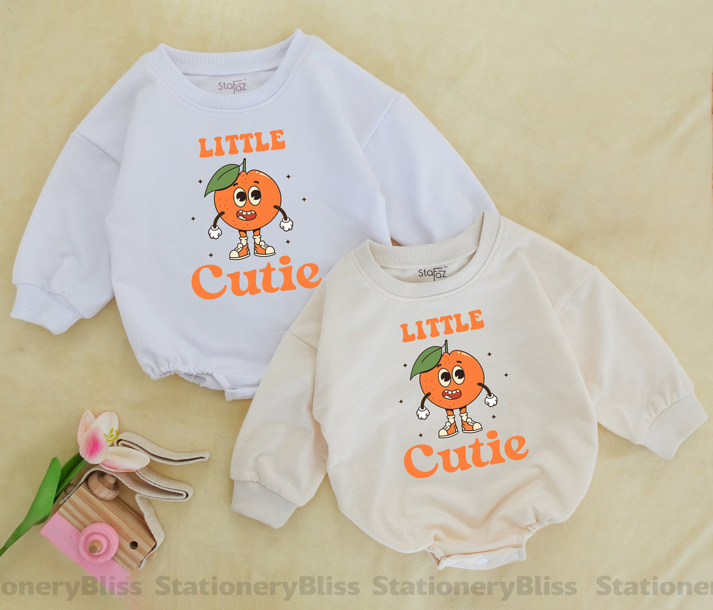 Little Cutie Romper Retro Orange Fruit Baby Bodysuit, Groovy Newborn Outfit with Cheerful Character, Vintage Starburst Baby Girl Clothes First Birthday 138