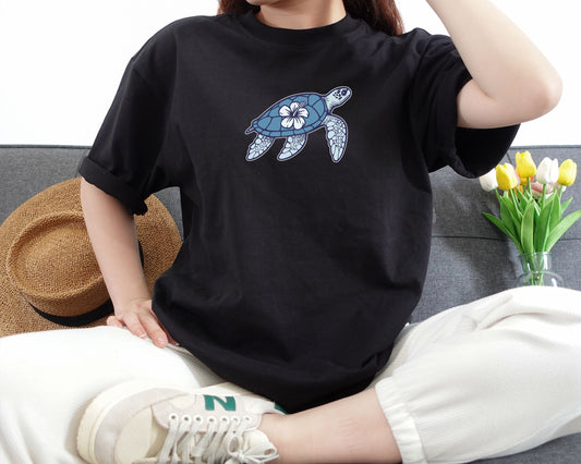 Blue Turtle Hibiscus Flower T-Shirt for Beach Days | Ocean & Summer Tee | Cute Girl's Casual Cotton Shirt