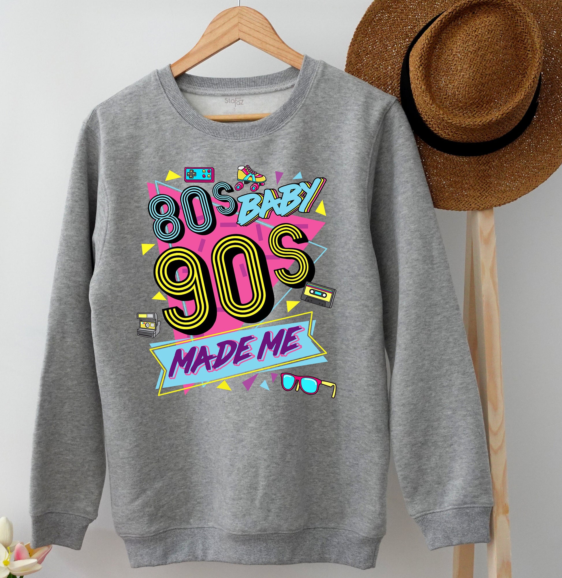 80s Baby 90s Made Me Shirt Retro Vintage Graphics Old School Style Tee Turquoise Pink Yellow Black Nostalgia Fan Gift