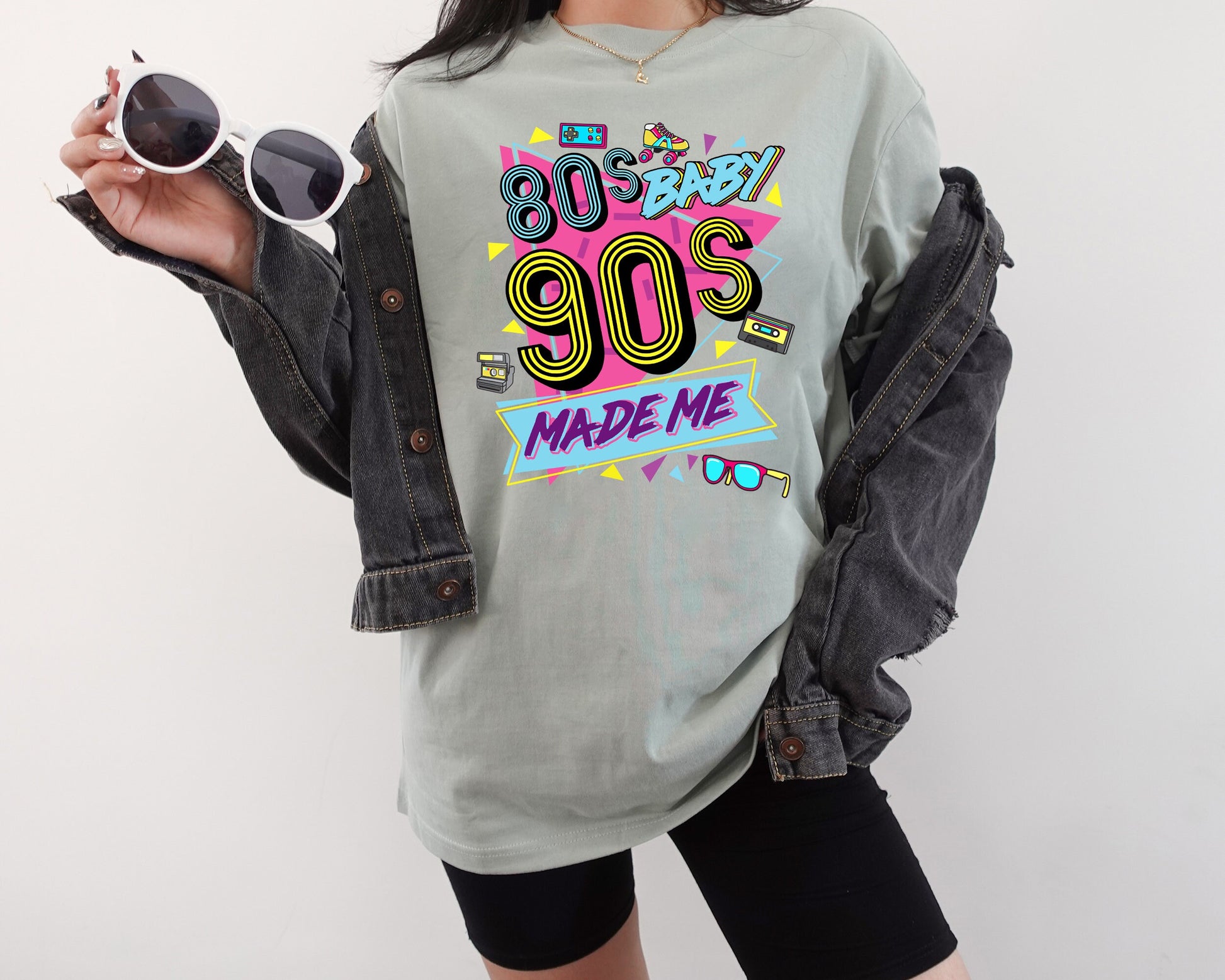 80s Baby 90s Made Me Shirt Retro Vintage Graphics Old School Style Tee Turquoise Pink Yellow Black Nostalgia Fan Gift