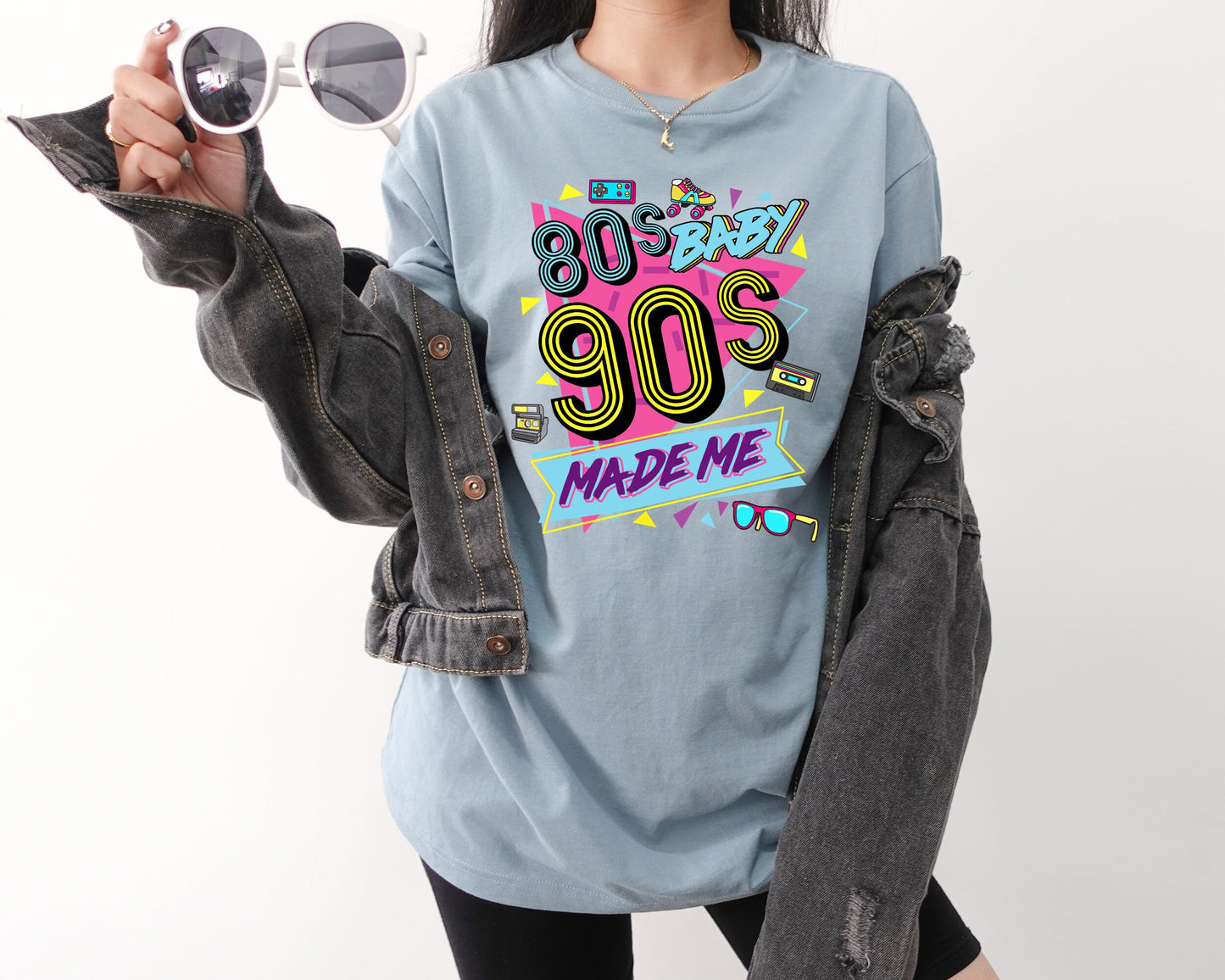 80s Baby 90s Made Me Shirt Retro Vintage Graphics Old School Style Tee Turquoise Pink Yellow Black Nostalgia Fan Gift