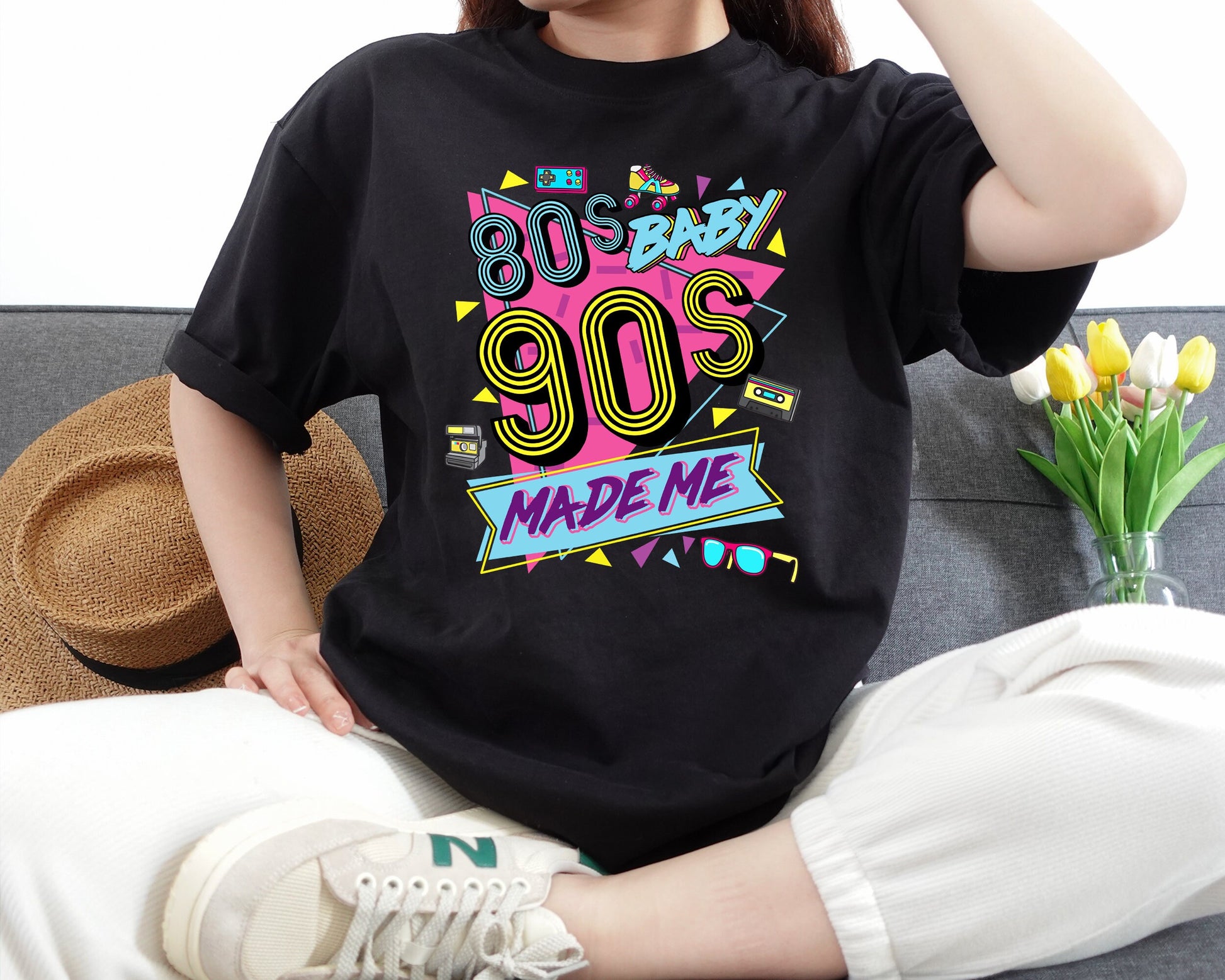 80s Baby 90s Made Me Shirt Retro Vintage Graphics Old School Style Tee Turquoise Pink Yellow Black Nostalgia Fan Gift