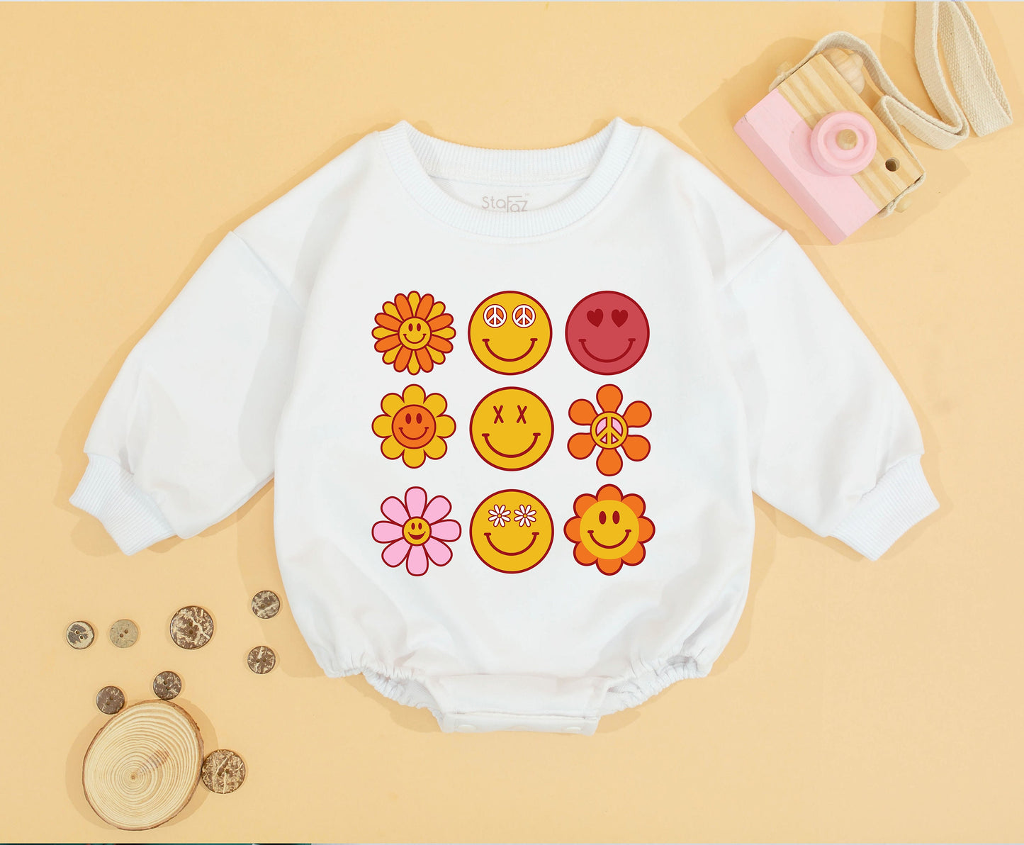 Groovy Smile Face Romper Retro Birthday Baby Girl Outfit Boho Smile Face Birthday Outfit for Girls
