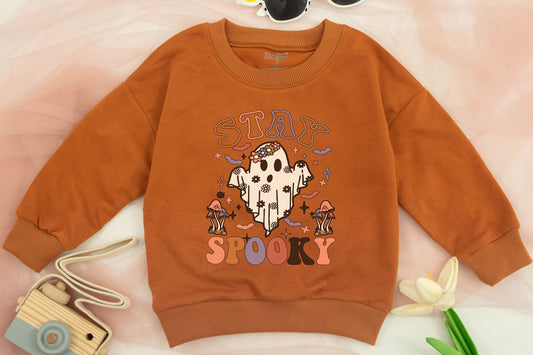 Cute Girls Stay Spooky Ghost Sweatshirt Toddler Halloween Sweater Retro Floral Whimsical Mushroom Bat Star Fall Spooky Season Kids Costume Party Outfit Comfortable