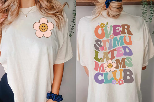 Retro Overstimulated Moms Club T-shirt Groovy Floral Design Funny Tee Vintage 70s Inspired Graphics Perfect for Beach Lake Weekend Comfort