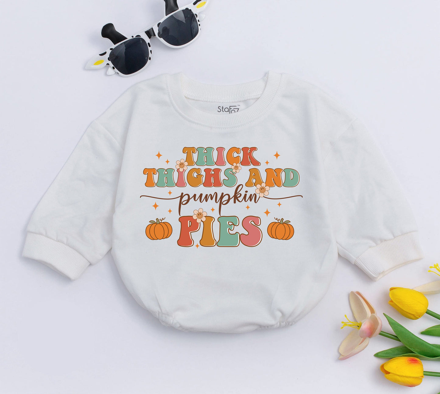 Thick Thighs & Pumpkin Pies Baby Romper Funny Retro Fall Bodysuit Chubby Kid Natural Autumn Thanksgiving Outfit Cotton Comfort