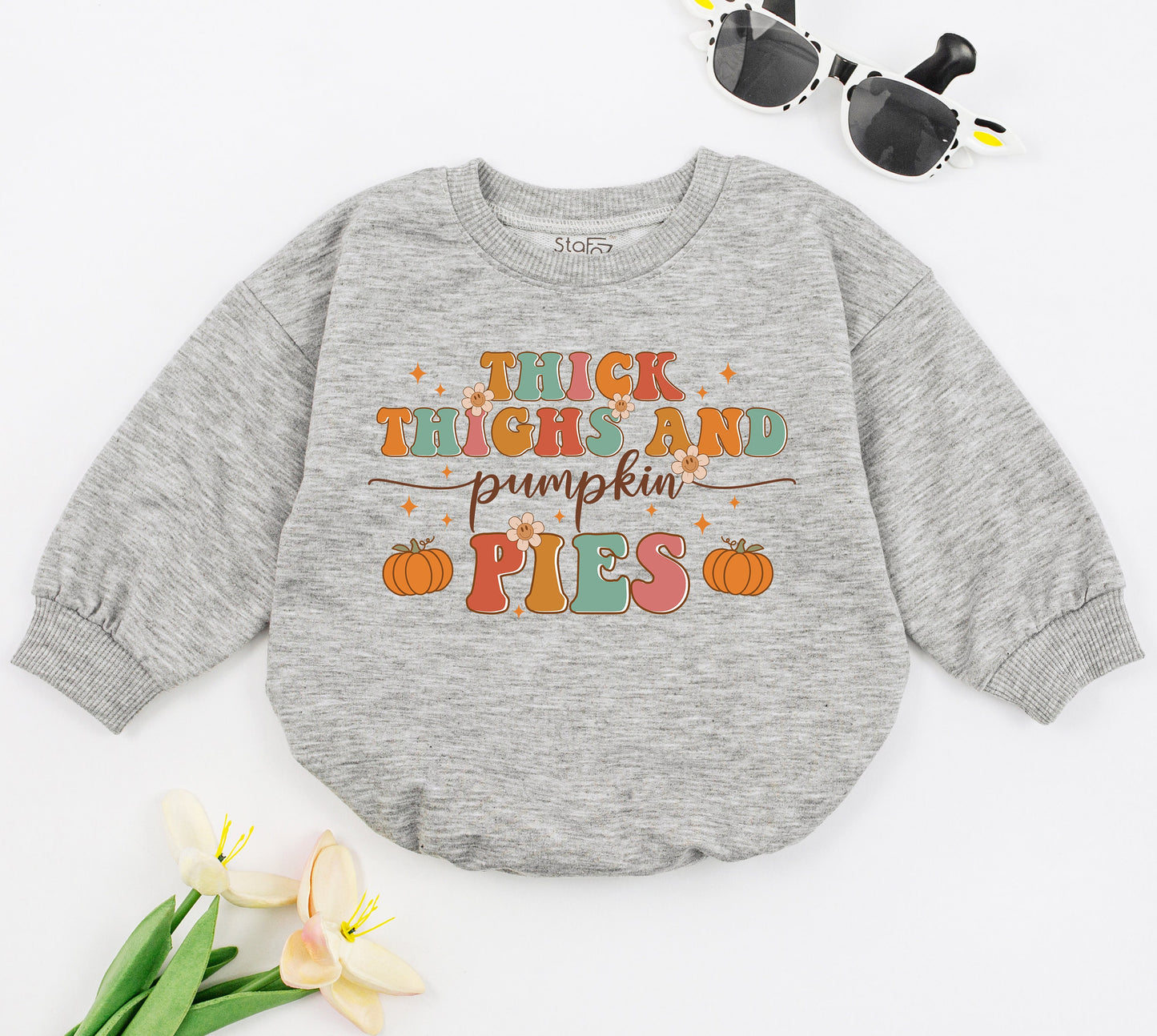 Thick Thighs & Pumpkin Pies Baby Romper Funny Retro Fall Bodysuit Chubby Kid Natural Autumn Thanksgiving Outfit Cotton Comfort