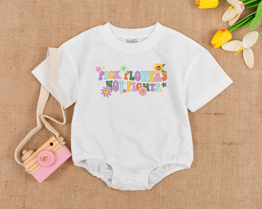 Pick Flowers Not Fights Groovy Baby Romper Vintage Hippie Pastel Bubble Bodysuit Cute Smiley Flower Baby Shower Gift for Boys & Girls