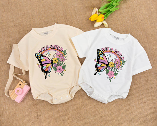 Wild Child Retro Rainbow Butterfly Bubble Romper for Baby Girls featuring Colorful Floral Designs Soft Comfortable Vintage Hippie Bodysuit for Summer Shower Gift