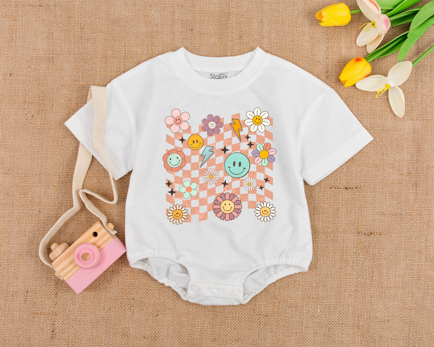 Retro Smile Face Baby Romper Short Sleeve Girl Birthday Outfit Vintage Bubble Design Comfortable Boho Clothes Toddler Gift