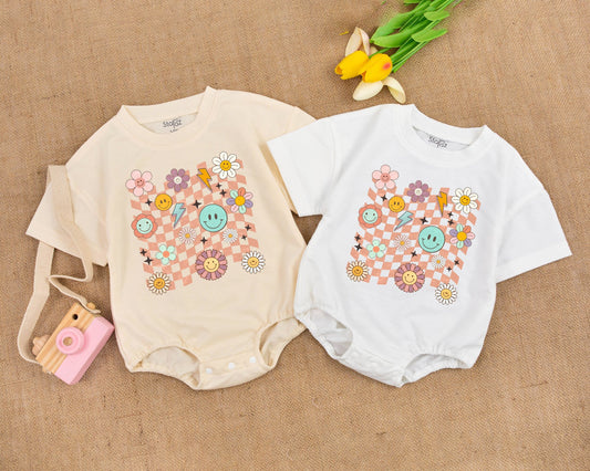 Retro Smile Face Baby Romper Short Sleeve Girl Birthday Outfit Vintage Bubble Design Comfortable Boho Clothes Toddler Gift