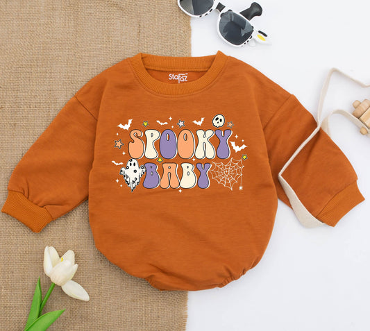 Spooky Baby Romper Retro Halloween Bodysuit for Baby Girl or Boy First Halloween Outfit Ghost Design Fall Season Gift 1st Halloween