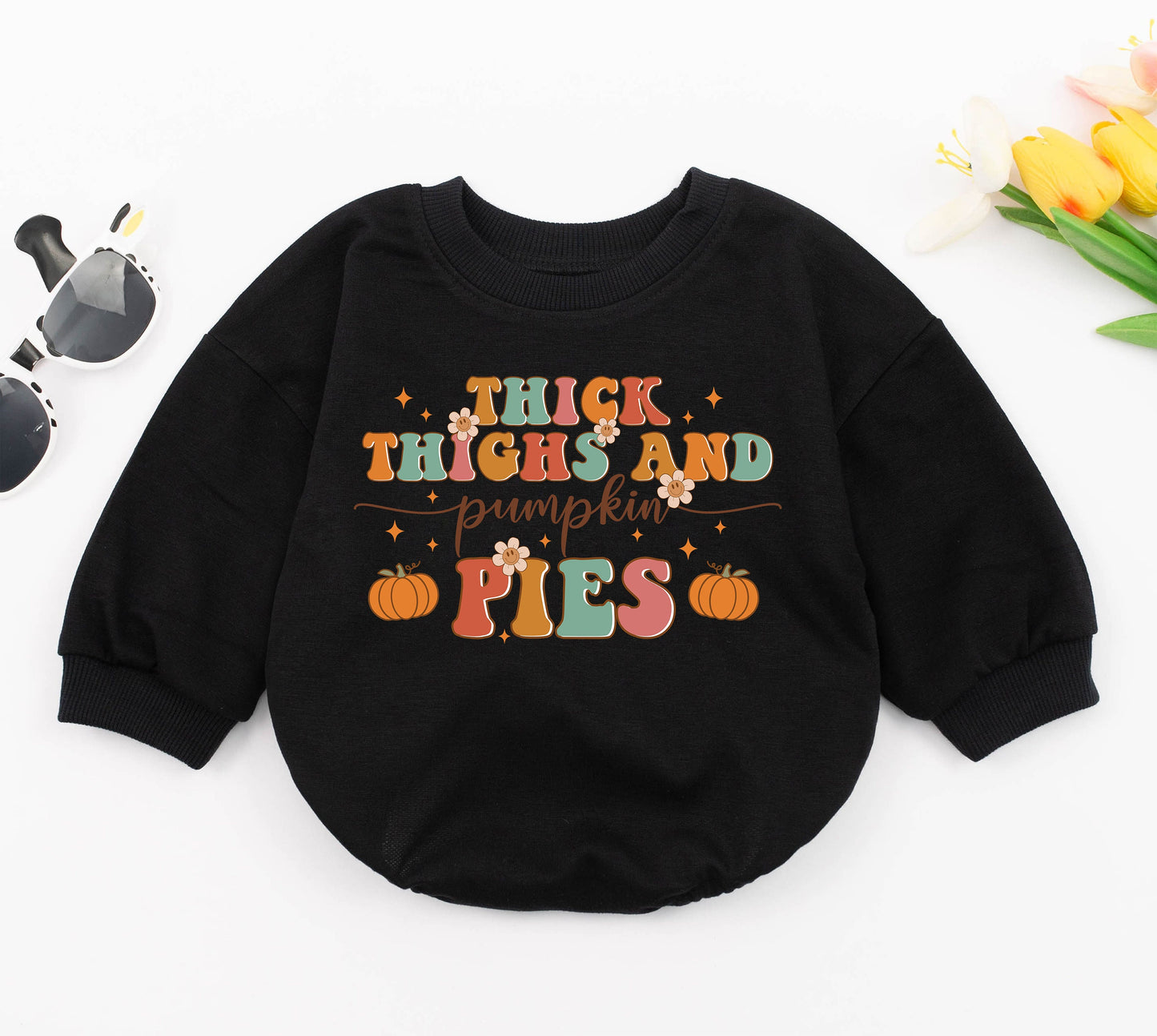 Thick Thighs & Pumpkin Pies Baby Romper Funny Retro Fall Bodysuit Chubby Kid Natural Autumn Thanksgiving Outfit Cotton Comfort