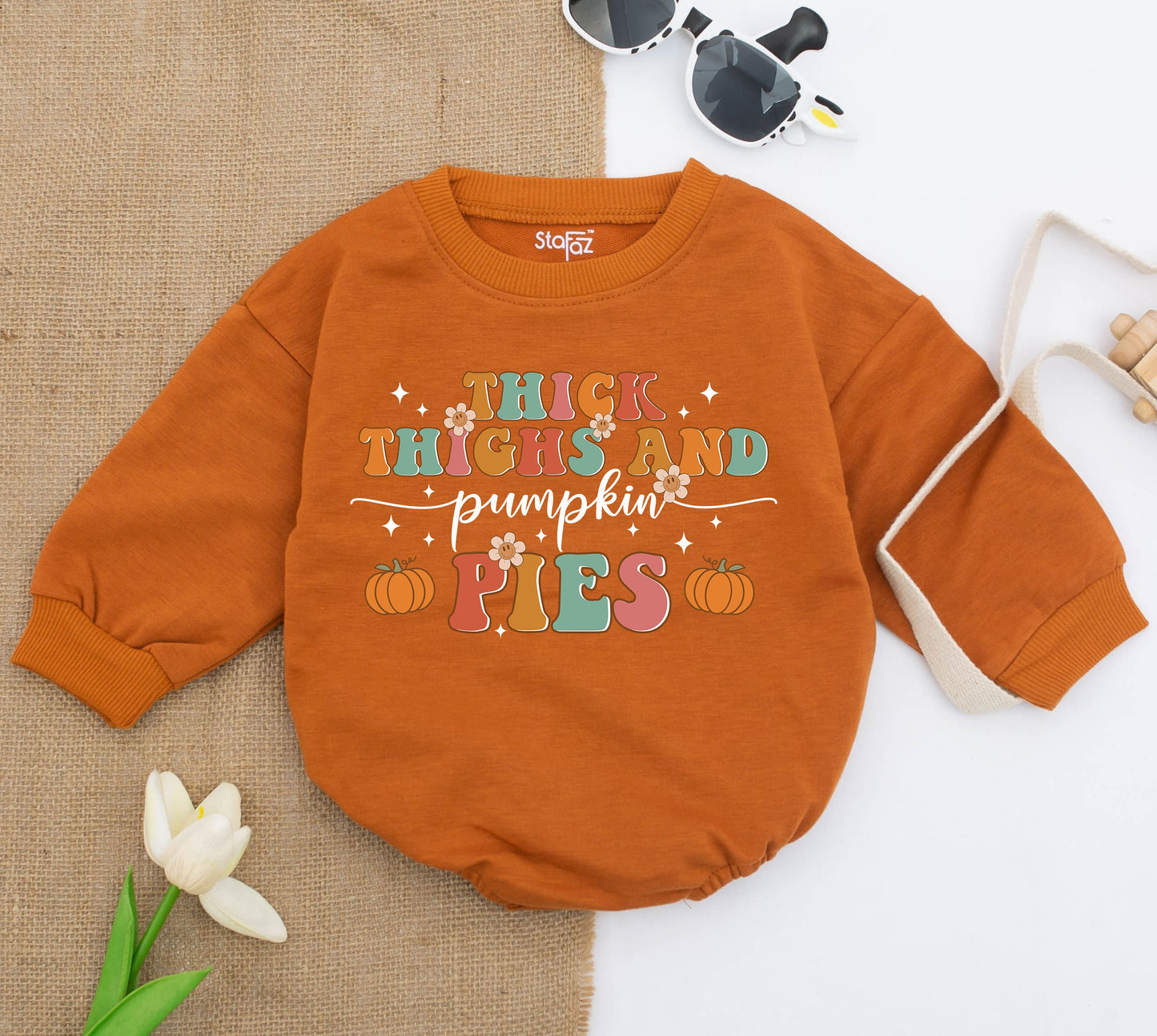 Thick Thighs & Pumpkin Pies Baby Romper Funny Retro Fall Bodysuit Chubby Kid Natural Autumn Thanksgiving Outfit Cotton Comfort