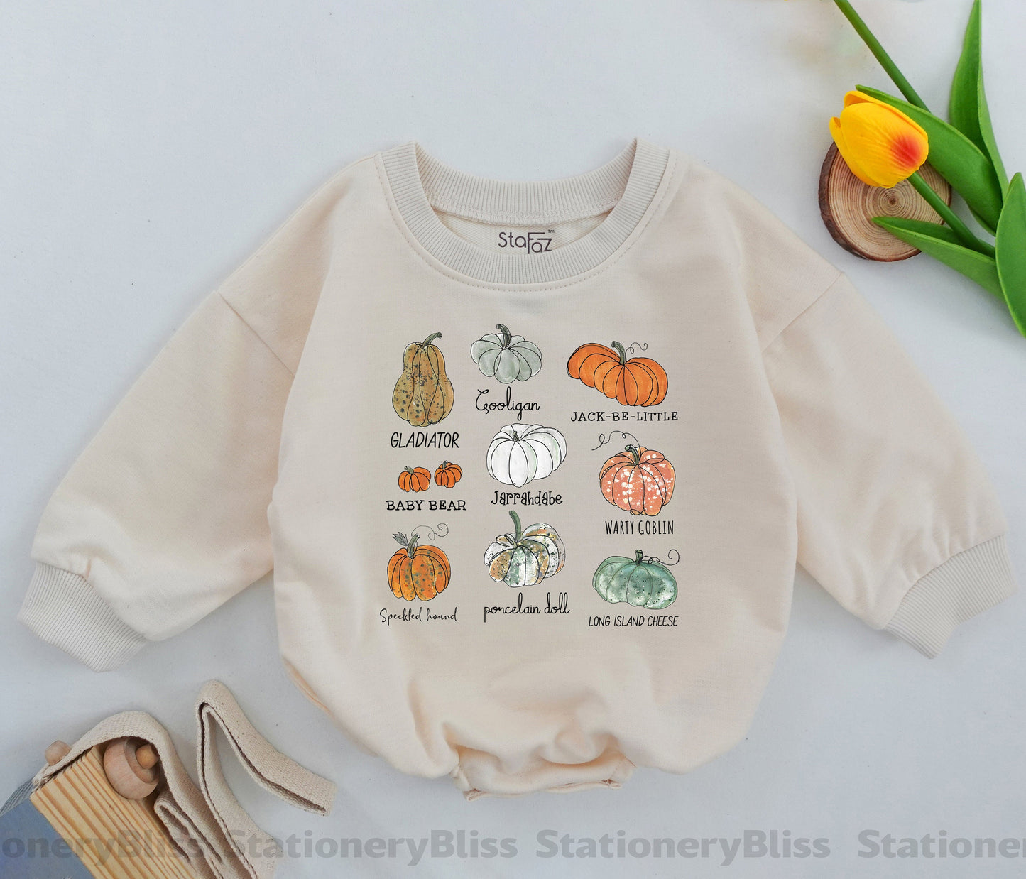 Cute natural pumpkin patch crew romper perfect for baby's first fall pumpkin picking trip outfit soft comfortable cotton infant apparel