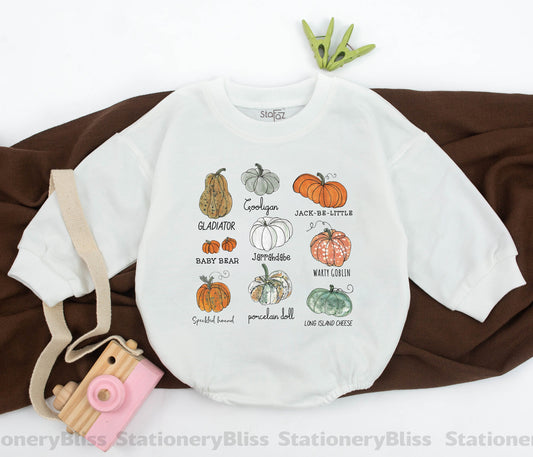 Cute natural pumpkin patch crew romper perfect for baby's first fall pumpkin picking trip outfit soft comfortable cotton infant apparel