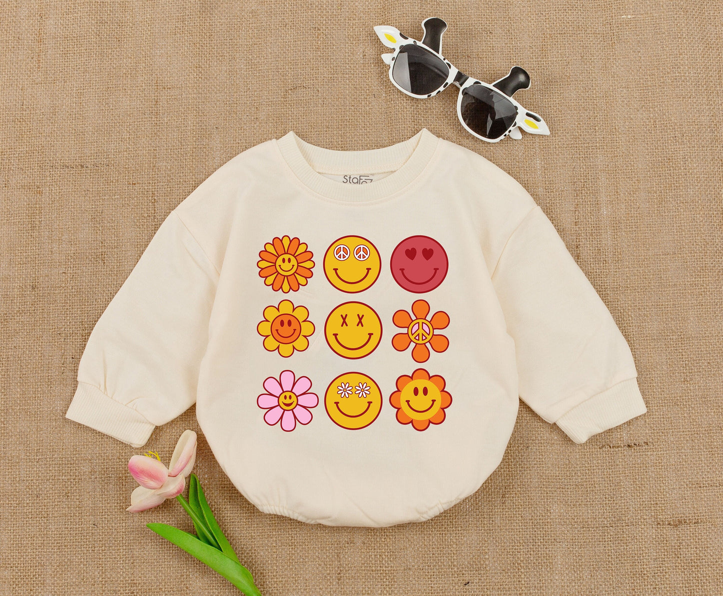 Groovy Smile Face Romper Retro Birthday Baby Girl Outfit Boho Smile Face Birthday Outfit for Girls